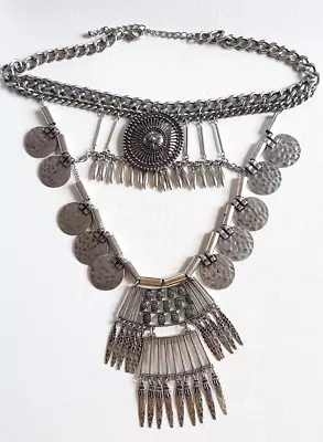 Aztec/Tribal Style Detailed Statement Necklace Hammered Silver Discs & Spikes • £9.99