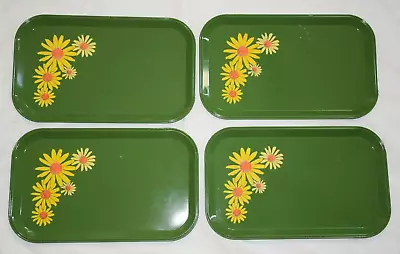 Vtg Lot 4 MCM Retro Flower Power Yellow Daisy Avocado Green Metal Snack Lap Tray • $39.99