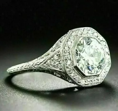 Art Deco Round Cut Lab Created Diamond Antique Woman Engagement Ring 925 Silver • $108