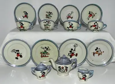 DISNEY1930's 17PIECE PAINTED MICKEY MOUSE CHINA TEA SET -PINSTRIPED ACCENTED-EX! • $129.99