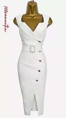 Karen Millen Size UK 10 12 COMPACT TUX BELTED PENCIL DRESS IN IVORY WHITE • £149