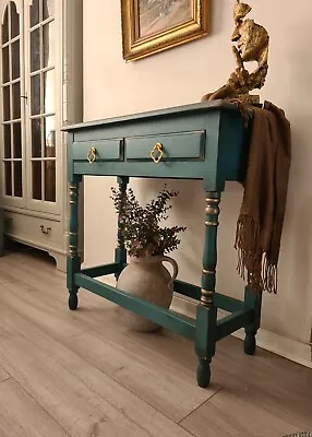 Wooden Console Table Blue With Gold Upcycled Hand Painted Hallway Side Table • £110