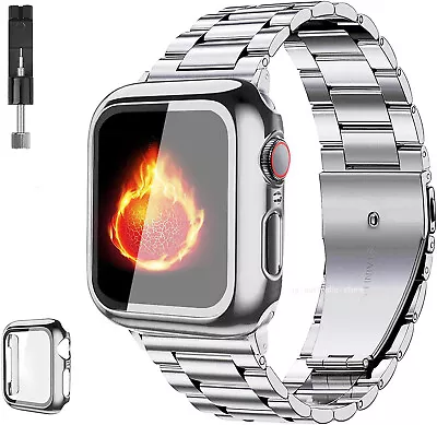 Stainless Steel Band Strap +Glass Case For Apple Watch Series 8 7 6 5 4 3 2 1 SE • $18.99