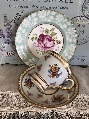 Pretty Salisbury Teacup Duo -with Mismatched Plate -heavy Gold Florals • £16