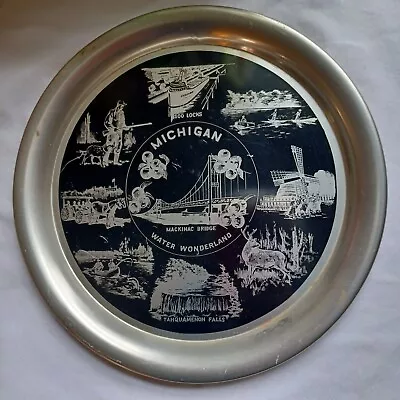 Michigan State Round Black Metal Tin Tray Collectible Vintage Souvenir Travel  • $12