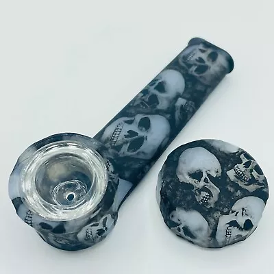 $7.99 • Buy Silicone Smoking Pipe With Glass Bowl & Cap Lid | Black And White Skulls | USA