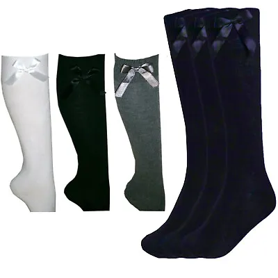 £4.99 • Buy Girls Knee High Socks With Bow 3 Pairs Long Cotton Rich Children School Uniform