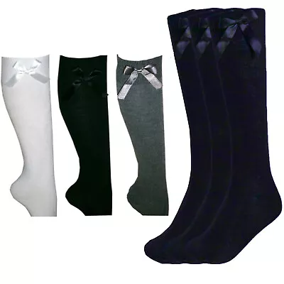 Girls Knee High Socks With Bow 3 Pairs Long Cotton Rich Children School Uniform • £5.85