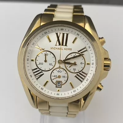 Michael Kors Womens Watch Bradshaw MK-5743 Gold White Date MK5743 New Battery • £34.50