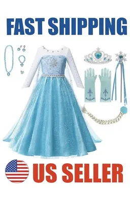 Elsa Frozen Princess Queen Dress Up Set Girls Costume US Fast Shipping • $23.95