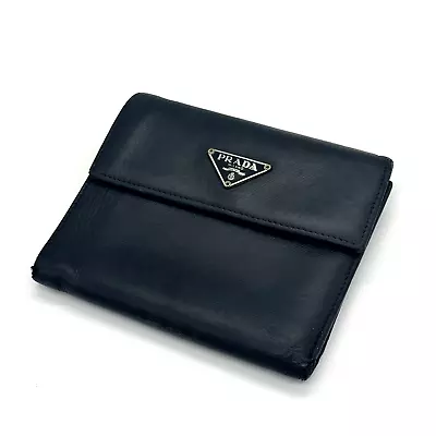 PRADA Wallet Saffiano Leather  Triangle Logo Plate Black Authentic From JAPAN • $69