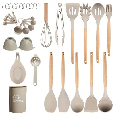 Set Of 36 Silicone Utensils Set Wooden Cooking Kitchen Baking Cookware 2 Colours • $32.30