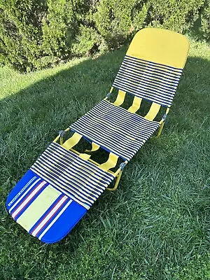 Vintage Folding Aluminum Chaise Lounge Lawn Beach Chair Vinyl PVC Tubing Yellow • $74.99