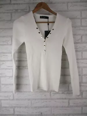 Decjuba Womens Knit Top Ribbed L 12 14 Long Sleeve White New • $38