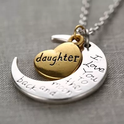 I Love You To The Moon And Back Gold & Silver Heart Family Necklace Pendant  UK • £2.95