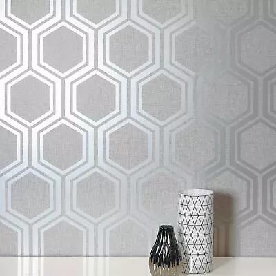 Geometric Hexagon Wallpaper Roll Ash Gray Silver Metallic Textured Wallcoverings • $3.54