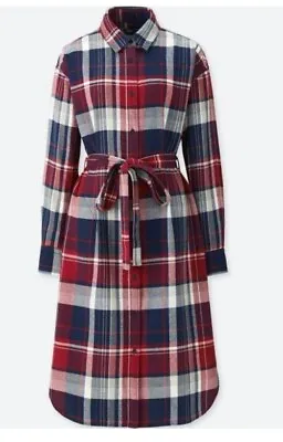 Uniqlo Blue Red Checked Tartan Flannel Shirt Dress Collar Button Belted Size L • £25