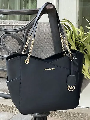 Michael Kors Jet Set Travel Large X Chain Shoulder Tote Bag Black Leather Gold • $124.99