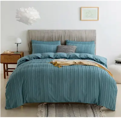 Grayish Blue Duvet Cover Queen Size - 3PCS Microfiber Tufted Duvet Cover Set • £22.15