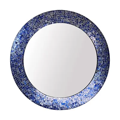 24  Sapphire And Silver Round Decorative Mosaic Framed Wall Mirror | DecorShore • $136