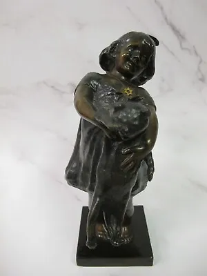 $15 • Buy Vintage Bronze Sculpture Girl Holding Cat