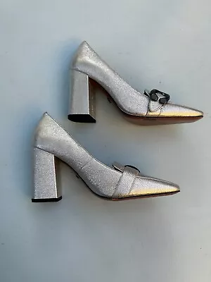 Coach Jade Pumps 5.5 Silver Shoes Crackled Leather Logo Buckle Heels • £55.57