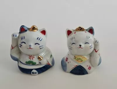 2x Maneki Neko Miniature Japanese Waving Lucky Cat Kitty Ceramic Figurines 2.5  • $49.99