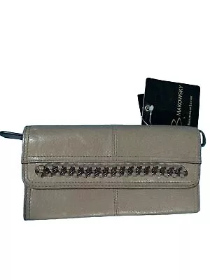 B Makowsky Leather Wallet Chain Clutch Tan/Beige New W Tags • $50