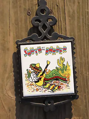 Vintage South Of The Border Souvenir Iron Ceramic Tile Trivet Mexican Man Cactus • $8