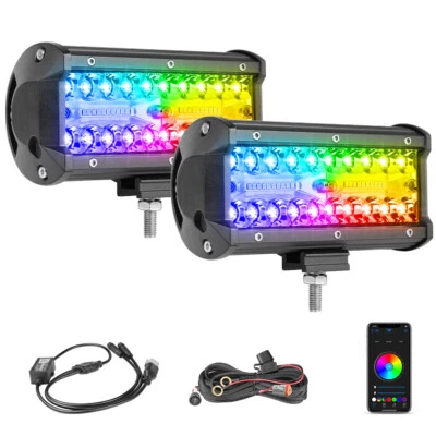 2x 6.5in LED Work Light Bar RGB Halo Rings Chasing Strobe Bluetooth Driving Wire • $78.99