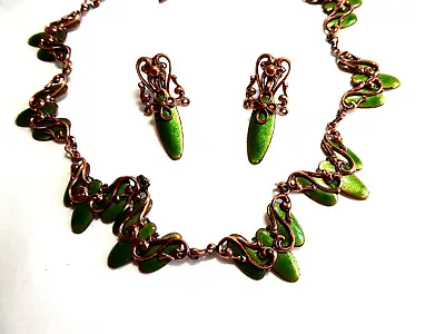 Vintage Matisse Green Copper Enamel Egyptian Necklace & Earrings Set • $99.99