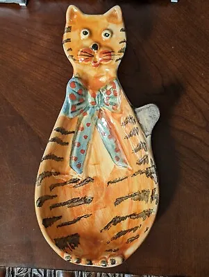 VINTAGE ITALY Hand Painted Ceramic Pottery Cat Spoon Rest  Or Wall Hanging 9.5  • $25