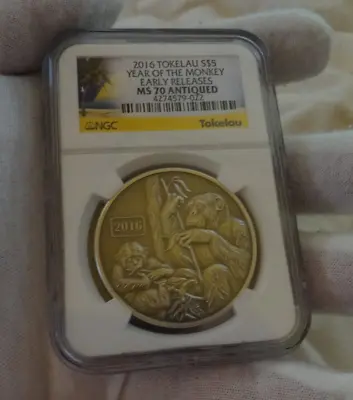 2016 TOKELAU S$5 YEAR OF THE MONKEY NGC MS 70 Antiqued Early Release Coin Graded • $299.99