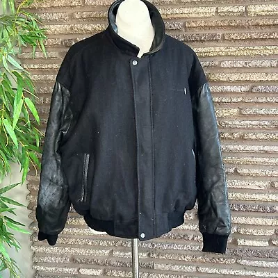 Burk's Bay Black Leather And Flannel Volkswagen Bomber Varsity Jacket  • $49.97
