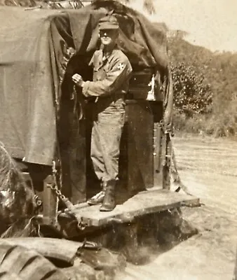 WW2 ERA Photograph U.S. Army Military Man Standing On Back Of Truck • $17.25