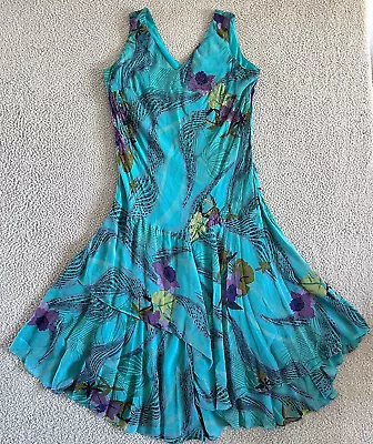 Y2K Vintage Fishtail Dress Womens 14W Embroidered Sequin Floral Teal • $80.99