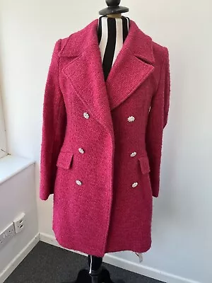 Zara Ladies Pink Tweed Long Blazer Jacket Size M Diamante Buttons • $31.11