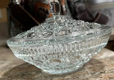 Vintage Indiana Glass Clear Candy Dish In The Windsor Button And Cane Pattern • $13