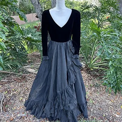 Vintage Albert Capraro Couture Gown Black Ruffle Velvet Dress Large  • $299.99