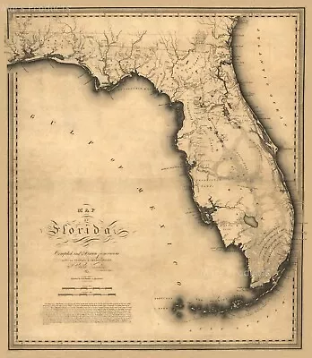 Historic Map Of Florida And Gulf 1823 Map Of Florida By Charles Vignoles 20x24 • $13.95