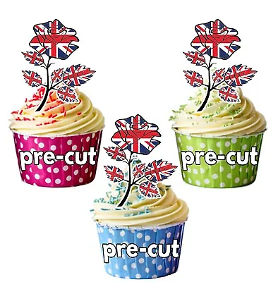 PRECUT Union Jack Roses Cupcake Toppers Cake Decorations King Coronation • £4.75