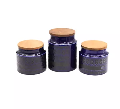 HORNSEA Heirloom Midnight Blue Set Of 3 Storage Jars Wooden Lid Salt / Sugar • £4.99