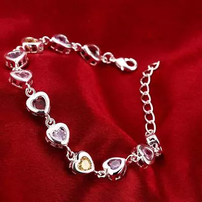£2.75 • Buy 925 Sterling Silver Heart Crystal Cute Bracelet Charm Jewelry Wedding 8inches