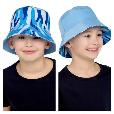 Boys Reversible Blue/Camo Print Bucket Hat Summer Sun Hat • £6.49