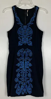 FREE PEOPLE Embroidered Dress Size S Stretch Bodycon Navy Blue Sleeveless Mini • $16.99