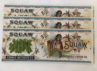 3 1930s SQUAW PEAS Food CENTERVILLE MD Can Label VINTAGE Advertising Vegetable • $14