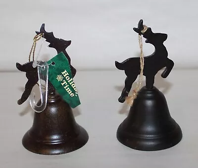 2 Vintage Metal Bronze Look Reindeer Top Bells Christmas Ornaments Hanging #J5 • $24.20