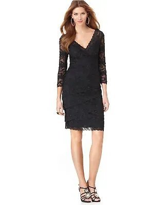 Marina Three Quarter Sleeve Tiered Lace Cocktail Dress Sz 14 Black • $78.40