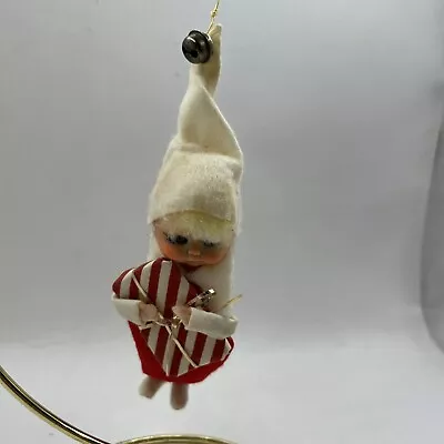 Vtg Rare Red With Present Rubber Face PIXIE Elf Ornament 5  X 1.5 • $12.90