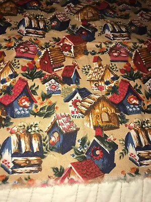 Vintage Cotton Birdhouse Fabric Piece 34” By 40” Birds Cute Kitschy Craft Quilt  • $14